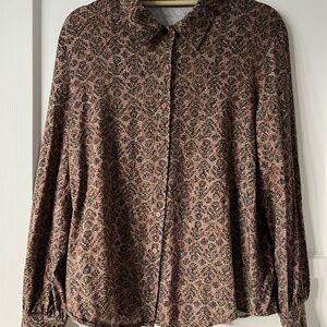 Catherine Andre Long Sleeve Chocolate Brown & Green Button Up Shirt, Blouse, Top